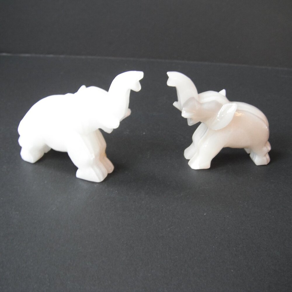 Lot of 2 Vintage Carved Elephant Onyx Stone White Marble Mini Animal Figurine